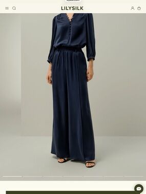 NWT Lilysilk Navy Mulberrry Elastic Silk Suede Wide-Leg Pants 14
